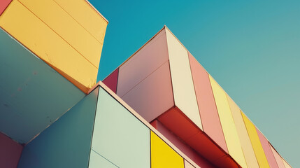 Fototapeta premium Brightly colored geometric buildings with bold rectangular shapes stand against a clear blue sky, giving a modern and playful urban aesthetic.