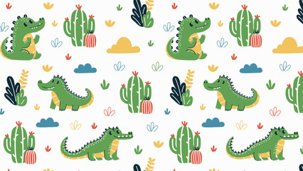 Crocodile and cactus, hand drawn seamless pattern.