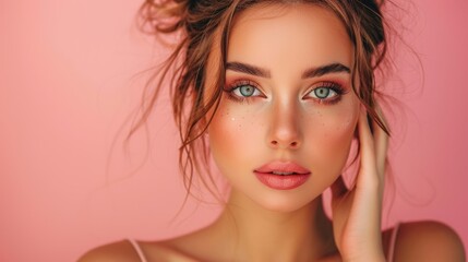 Fototapeta premium American beauty lady with curly hair on pink background