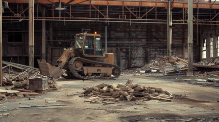 Fototapeta premium A bulldozer sits in the midst of a partially demolished building, surrounded by rubble and broken materials, capturing the essence of an unfinished project.