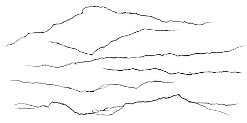 Surface fissures and cracks from earthquake top view in ground, concrete, crevices from disaster. Breaks on land surface isolated on white background. Broken ground, wall, glass pattern effect. Damage