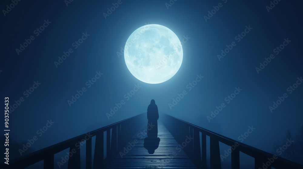Poster a mysterious figure stands on a bridge under a luminous full moon, creating an enchanting and ethere