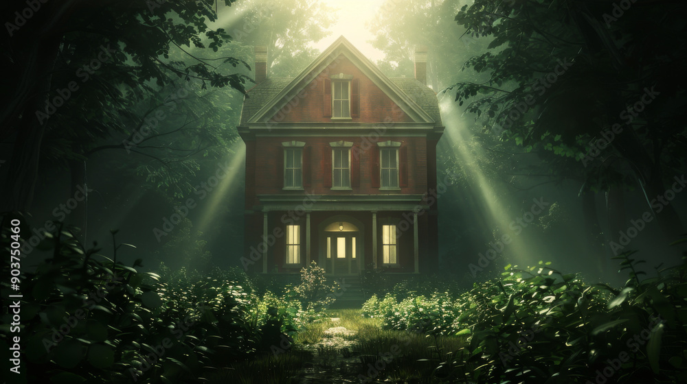 Poster a mysterious house surrounded by lush greenery, illuminated by soft rays of light filtering through 