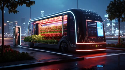 Futuristic Electric Vehicle with Integrated Urban Farm in Cityscape at Night