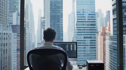 Professional in formal attire working at a desk with a panoramic view of city skyscrapers in high-definition, focusing on waist-up shot from behind.