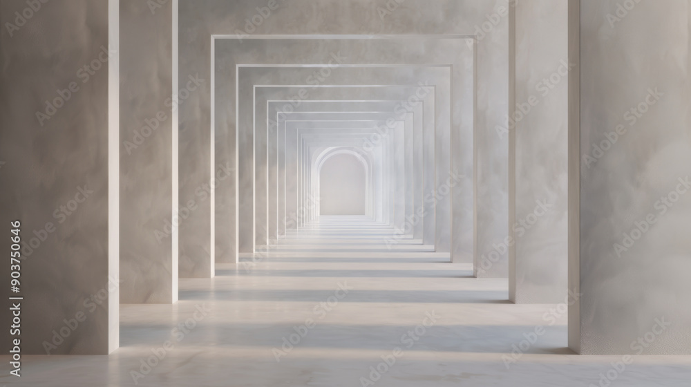 Poster a serene hallway showcasing minimalistic architecture with soft light illuminating the space, creati