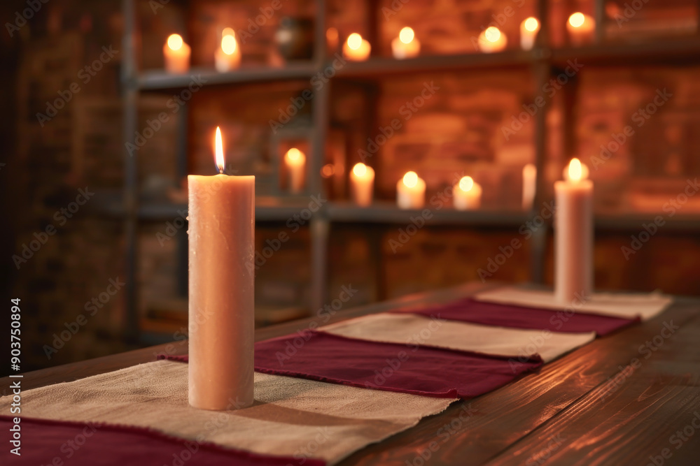 Poster a serene setting with lit candles, creating a warm and inviting atmosphere perfect for relaxation an