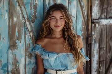 Fototapeta premium A beautiful young woman in a blue dress. This image is perfect for illustrating fashion, beauty, or summer.