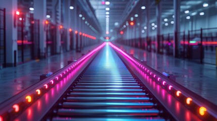 Modern factory with neon lights illuminating an empty conveyor belt, showcasing futuristic technology and efficiency in manufacturing