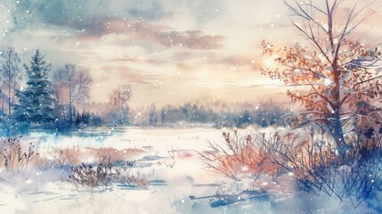 30. Snowy Landscape, realistic style, colors full, watercolor pattern, eye level, soft light, shadows,