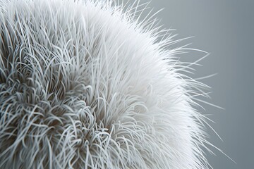 Close-Up of a Textured White Fur Sphere Against a Soft Gray Background