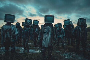 A group of zombies with televisions on their heads. The concept of propaganda through media and television. Generated by artificial intelligence