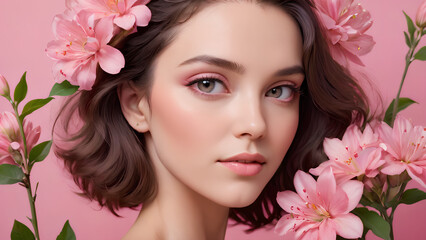 Naklejka premium Close-up portrait of a woman with pink flowers