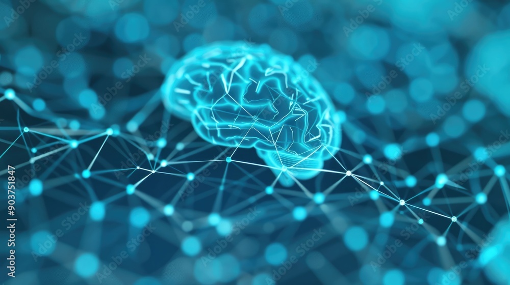Poster futuristic depicting an intricate brain circuit network with a complex system of interconnected node