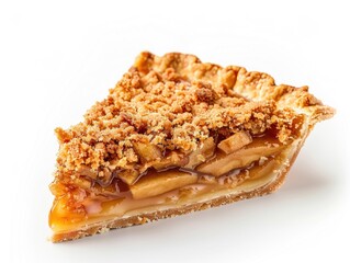 A delicious slice of salted caramel apple pie topped with a crumbly layer, inviting a taste of sweet comfort