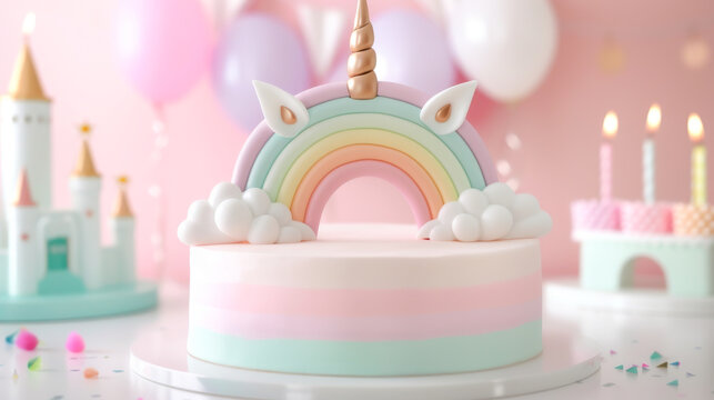 A whimsical unicorn cake with pastel colors, featuring a rainbow and decorative clouds, perfect for a children's celebration.