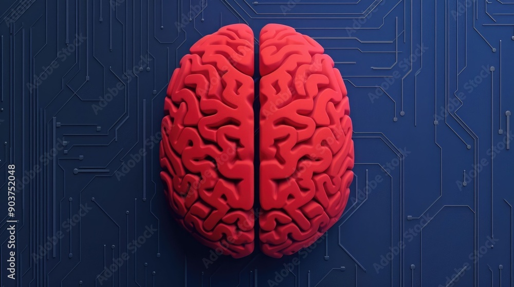 Poster depicting the concept of a tech brain with digital circuits neural connectivity and data processing 
