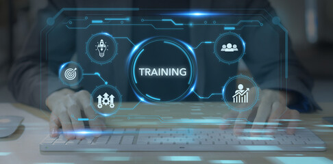 Training and business growth concept. Digital interface displaying with hands typing on a keyboard in the background. Digital skill emphasizes technology, innovation and professional development.