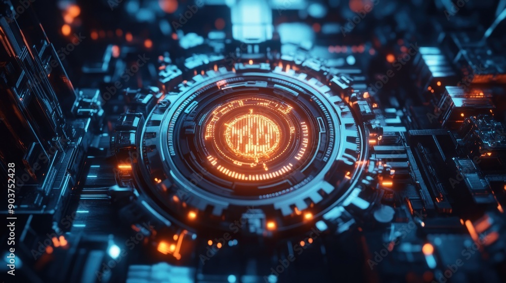 Poster futuristic technology interface with glowing orange circuitry
