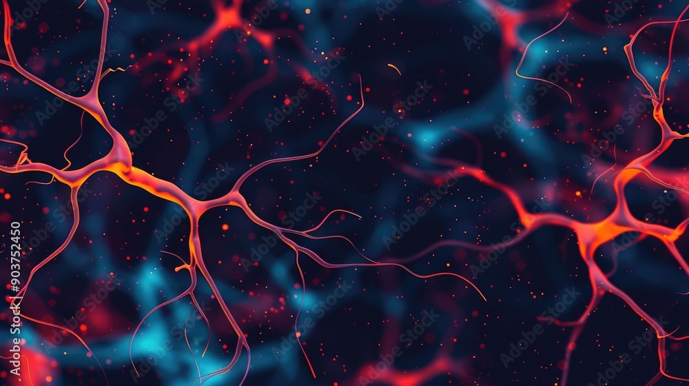 Poster futuristic abstract of a complex neural circuit with glowing interconnected digital elements creatin