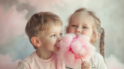 Two happy kids savor cotton candy in a dreamy pastel setting filled with soft colors