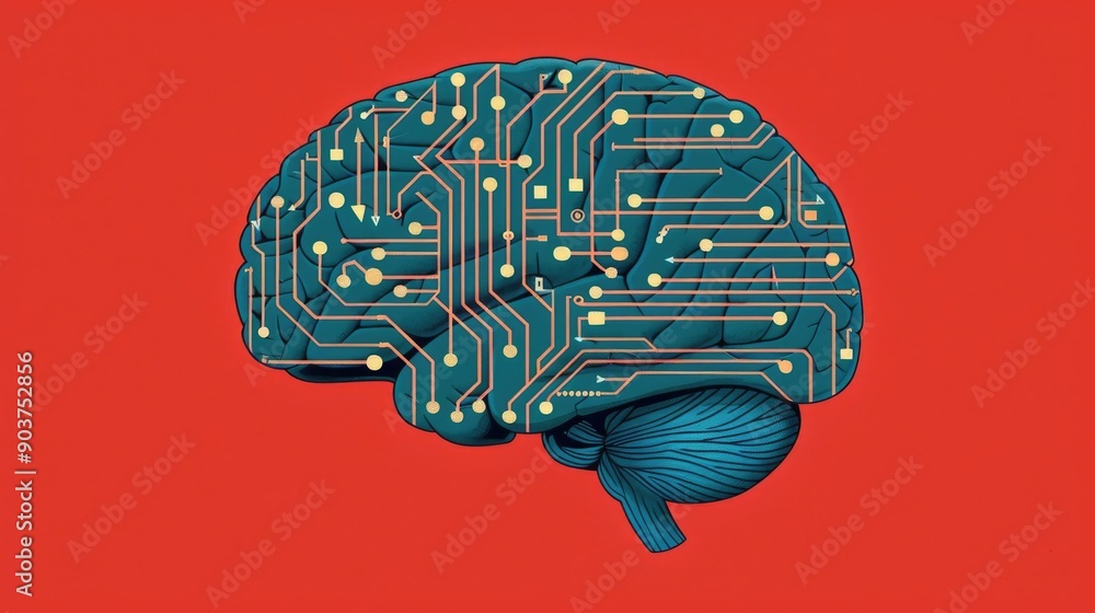 Poster depicting a robotic brain with intricate interconnected circuits symbolizing the advancement of inte