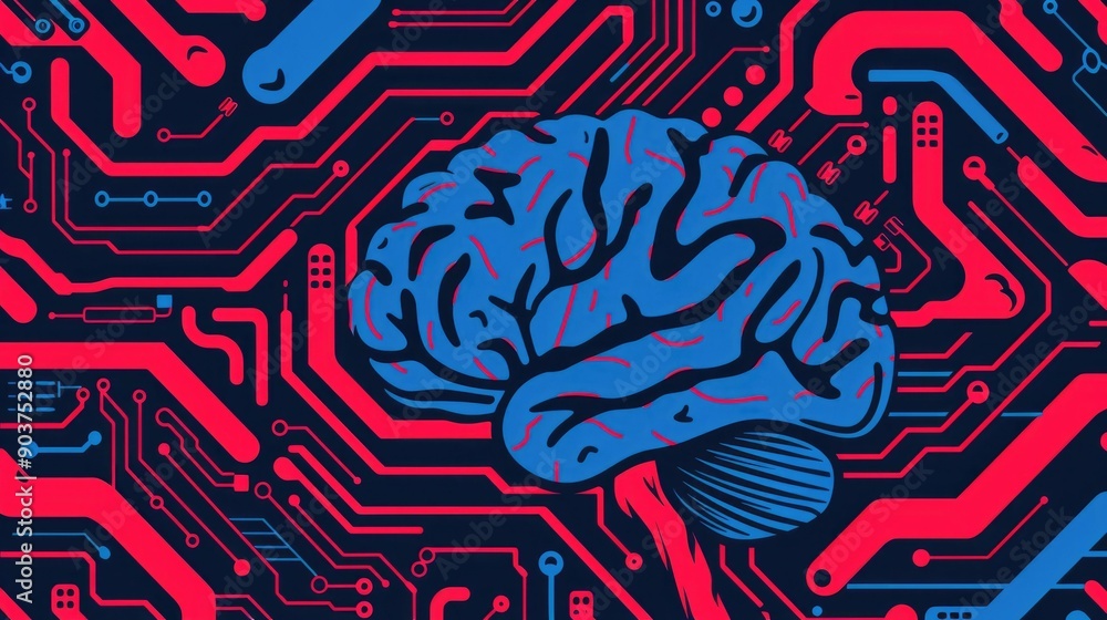 Poster of a robotic brain with interconnected circuits digital components and futuristic technological elem