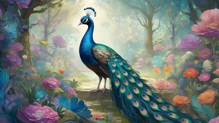 Fototapeta premium peacock, bird, animal, blue, nature, feather, head, feathers, peafowl, beautiful, beauty, wildlife, beak, green, colorful, portrait, color, plumage, tail, zoo, bright, closeup