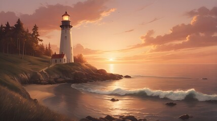 Fototapeta premium lighthouse, sea, light, ocean, coast, sky, water, beacon, sunset, landscape, beach, island, house, tower, navigation, safety, building, travel, coastline, white, rocks, warning
