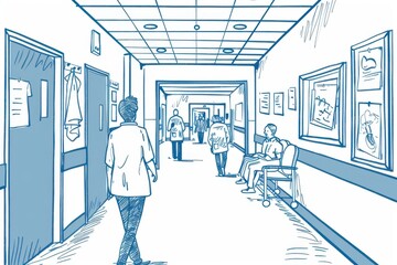 A sketched hallway in a healthcare facility depicting patients and staff in a clinical setting.