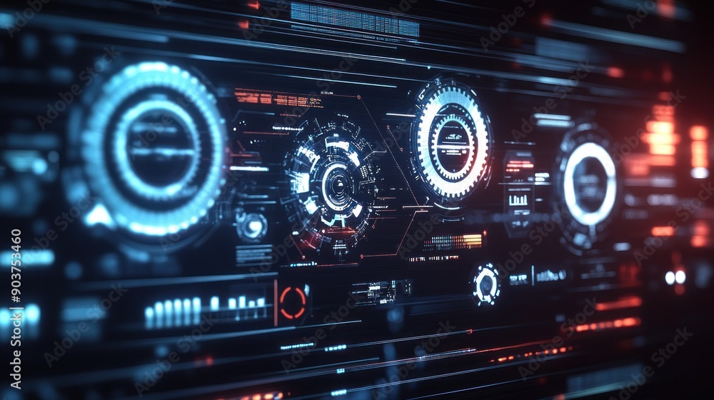 Poster futuristic digital interface with glowing circles and data displays