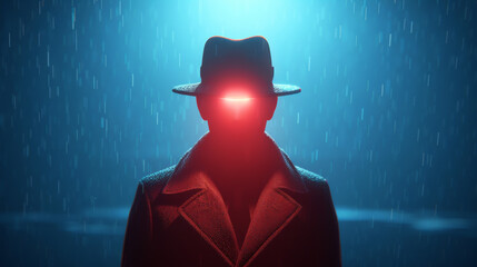 Mysterious figure in a rain-soaked environment, illuminated by red light, exuding an aura of intrigue and suspense.