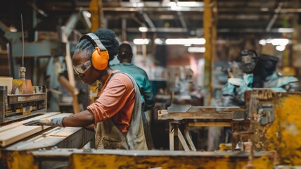 African American woman operating a wood-cutting machine.Generated image