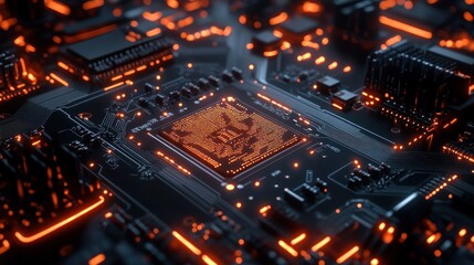 Obraz premium Glowing Orange Circuit Board With a Microchip in the Center
