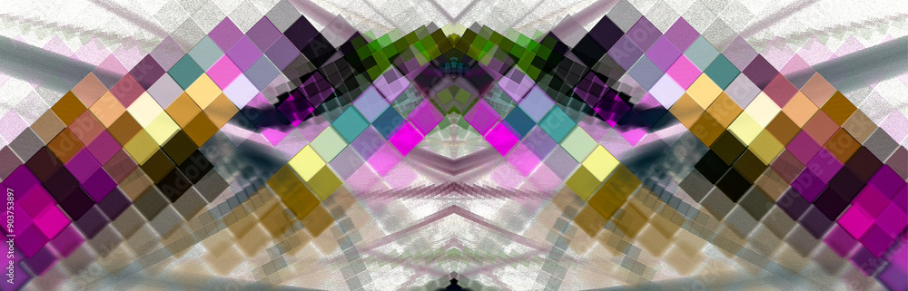 Fototapete abstract symmetrical fractal checkered background. rows of multi-colored squares arranged at an angl