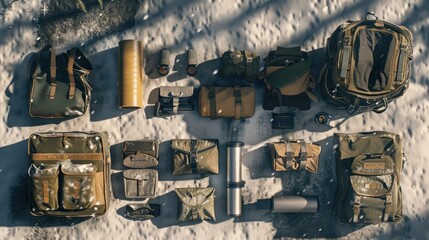 33. Winter Survival Kit, realistic style, earth tones, metallic pattern, aerial view, ambient light, shadows,