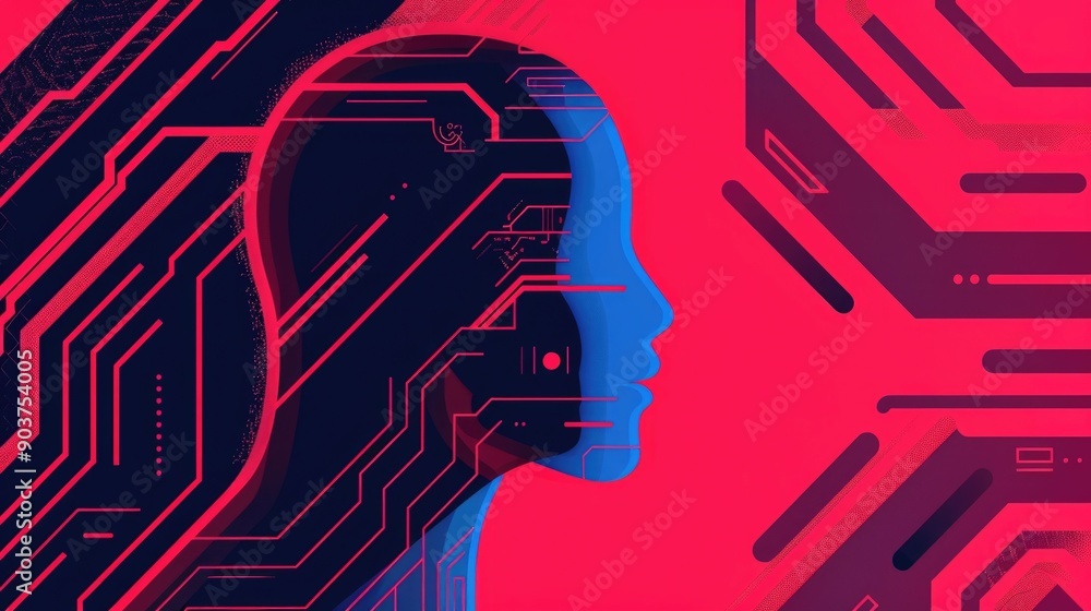 Poster depicting a futuristic intelligence brain interface featuring abstract geometric shapes lines and ci