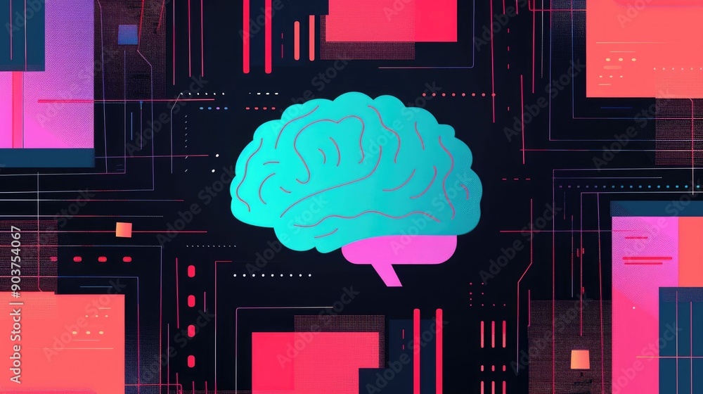 Poster futuristic depicting an brain interface with abstract geometric shapes lines and digital circuit boa