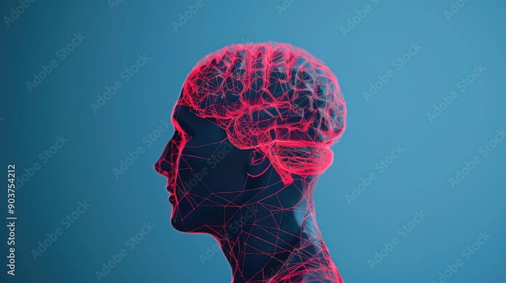 Poster futuristic digital brain cognition art with glowing neural network nodes showcasing the complex neur