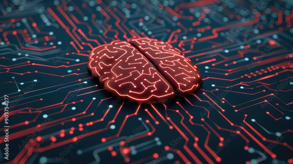 Poster of machine intelligence digital network patterns with circuitry and interconnected technology elemen
