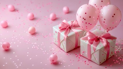 A festive arrangement of pink balloons and wrapped gifts, perfect for celebrations and special occasions.