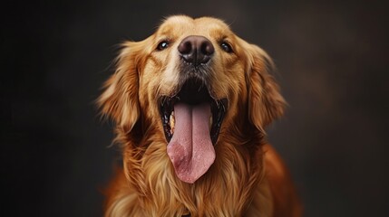 Obraz premium Close-up of a Golden Retriever with its tongue out, showcasing its friendly and playful nature against a dark background.