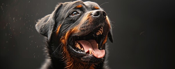 Obraz premium Close-up of a happy Rottweiler dog with its mouth open, showing teeth and tongue, against a dark background.