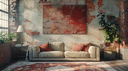Living room in industrial style with leather sofa and brick wall - 3d rendering