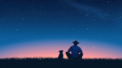 A peaceful evening under a starry sky, a person sits beside a dog, enjoying the beauty of nature and the cosmos.