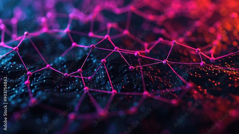 Poster striking depicting a futuristic neural data visualization with glowing interconnected geometric patt