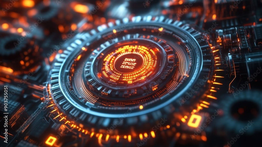 Poster Glowing Circular Mechanism with Red Digital Display
