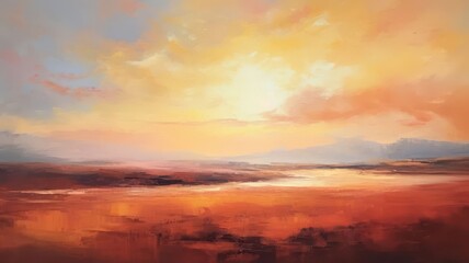 Obraz premium A stunning sunset over an expansive landscape, showcasing vibrant colors of orange and yellow reflecting on tranquil waters.