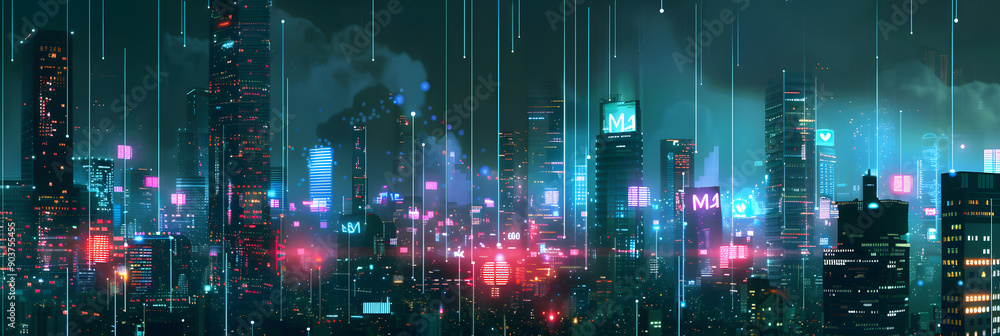 Poster a futuristic cityscape with glowing neon lights and digital code patterns. ai technology in urban de