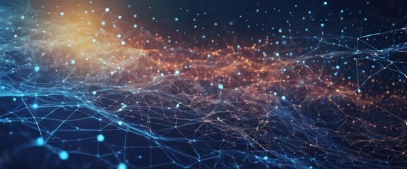 Abstract blue background network technology technology and communication connected dots and wave landscape. Telecommunication data science particles cyberspace metaverse